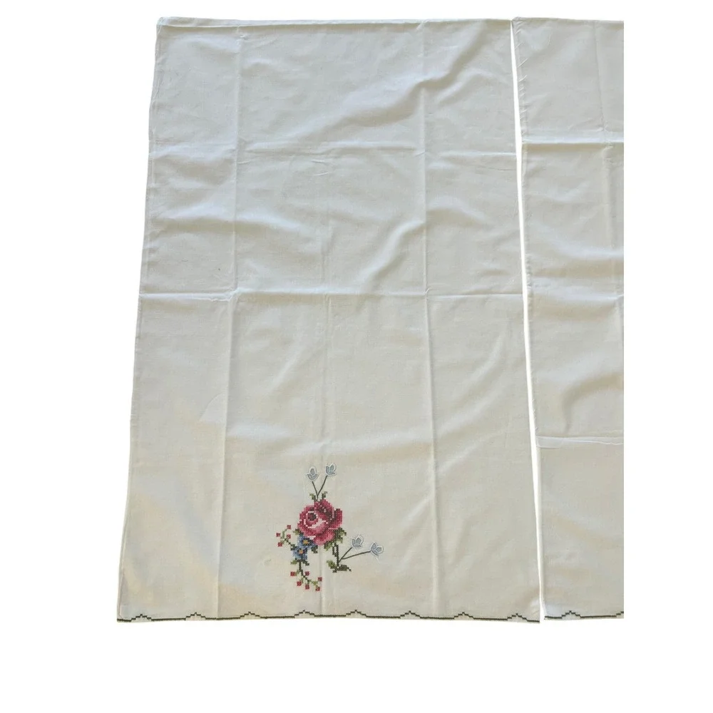 Vintage Cross Stitch Rose Pillowcase Pair White Cotton Floral Embroidery Cottage